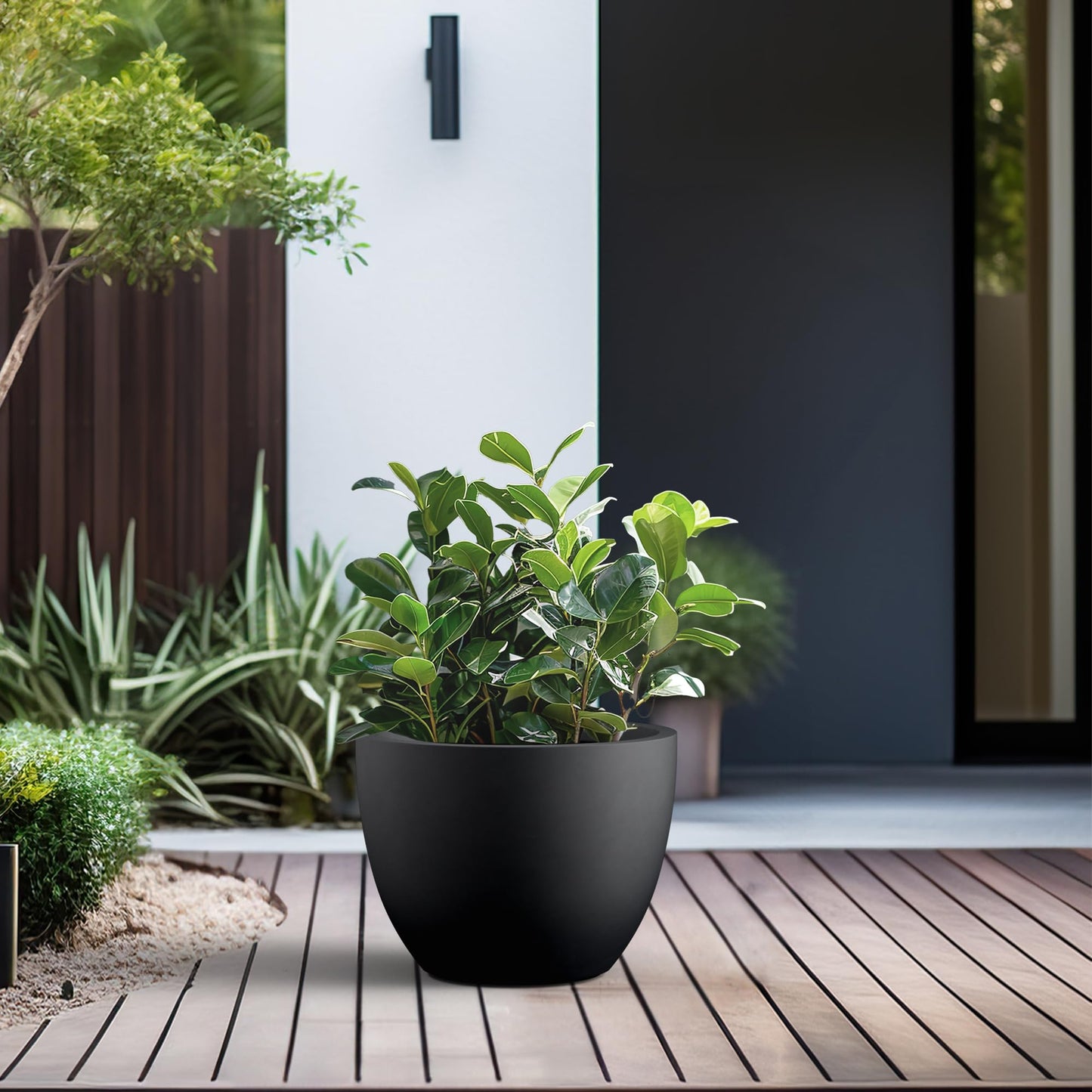 Kante 14.2 Inch Round Concrete Planter - Classic Large Indoor/Outdoor Plant Pot with Drainage Hole and Rubber Plug, Suitable for Gardens and Patios, Black