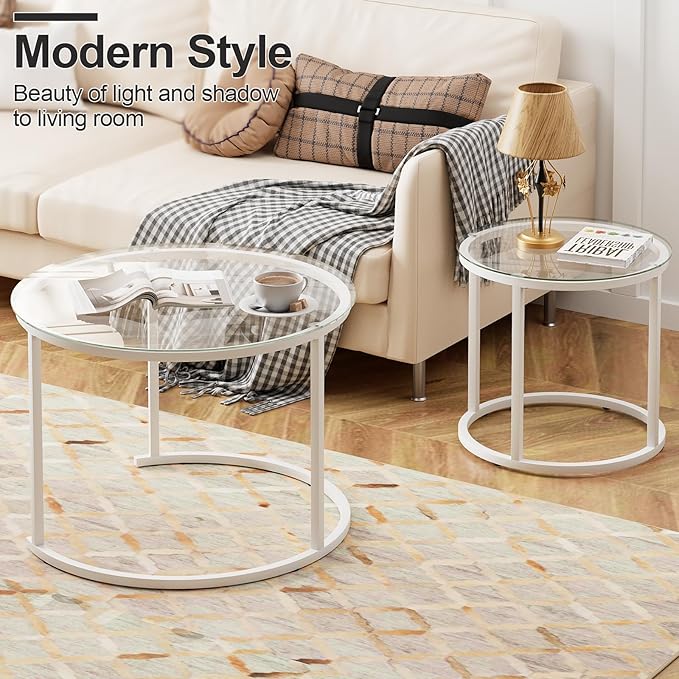 aboxoo White Nesting Glass Table Set of 2, Small Glass Round Nesting Tables