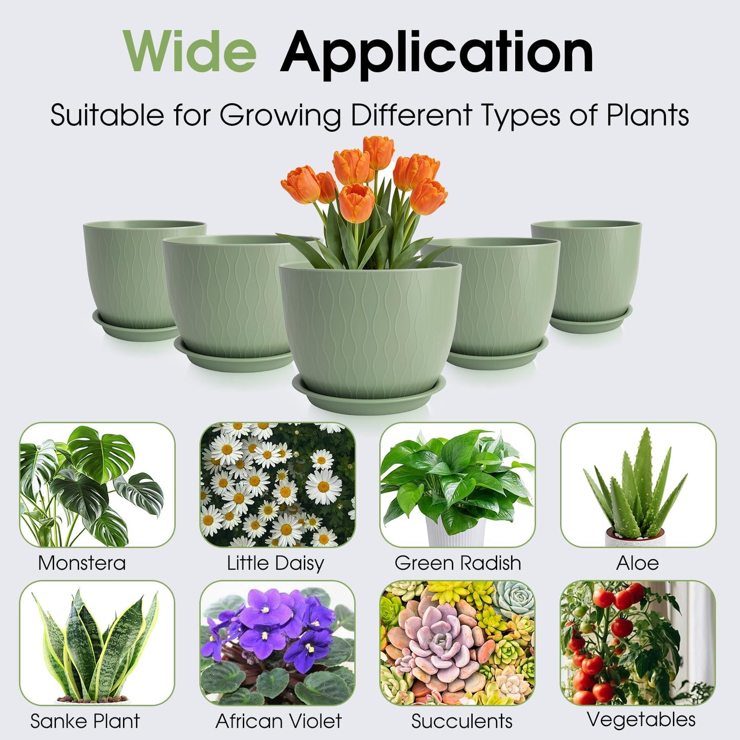 GARDIFE Plant Pots 10/9/8/7.5/7 Inch Plant Pots, Set of 5 Plastic Planters with Drainage Holes and Saucers,Plastic Flower Pots,Nursery Planting Pot for Indoor Out Door Plants (Green)
