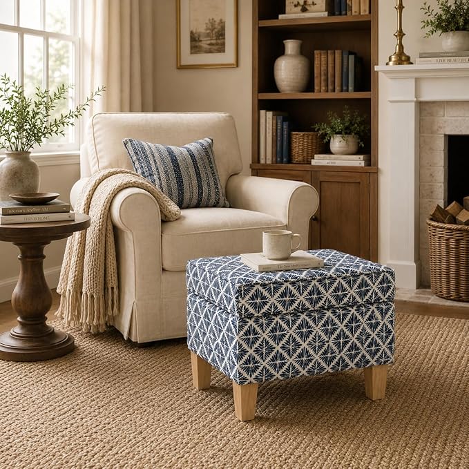 HomePop Home Decor |Upholstered Modern Rectangular Storage Ottoman | Hinged Lid