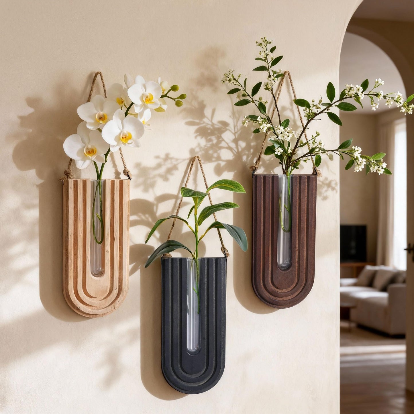 Wooden Wall Vase Set of 3, Propagation Vases Hanging Planters for Indoor Plants, Wall Mounted Vase Boho Modern Farmhouse Decor for Entryway Hallway