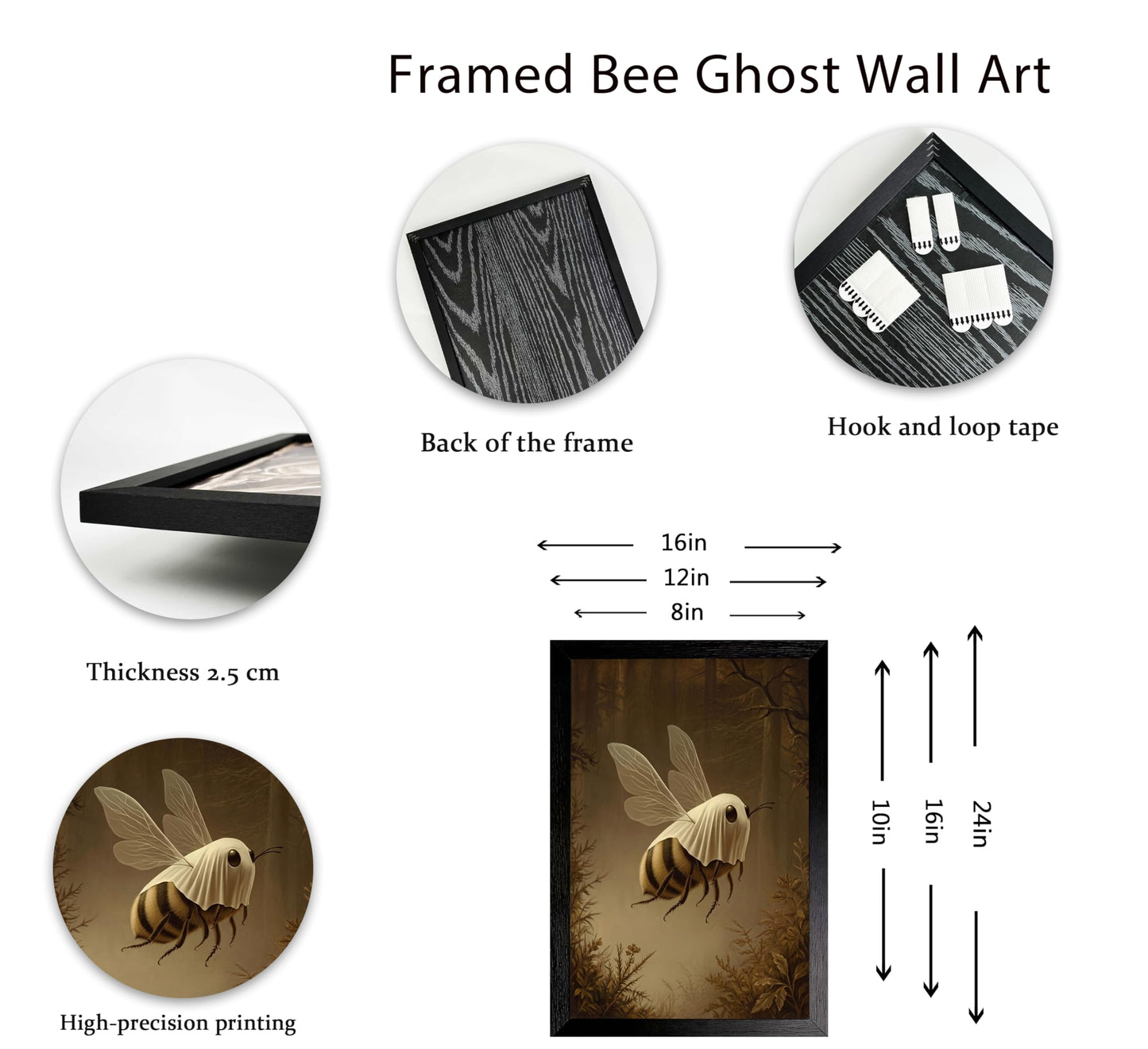 Framed Funny Ghost Bee Wall Art, Spooky Halloween Bee Canvas Print Poster, Whimsical Gothic Decor, Dark Academia Home Decoration, for Living Room Bedroom,