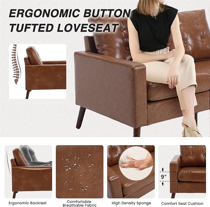 HNY Mid Century Modern 53" Loveseat Sofa, Comfy Upholstered Button Tufted Faux