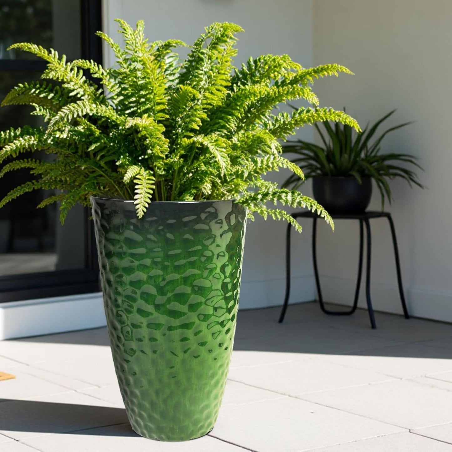 Worth 2 Pack 24" Tall Large Plastic Planter with Drainage Hole, Round Decorative Flower Plant Pit for Indoor or Outdoor Gardening, Glossy Green