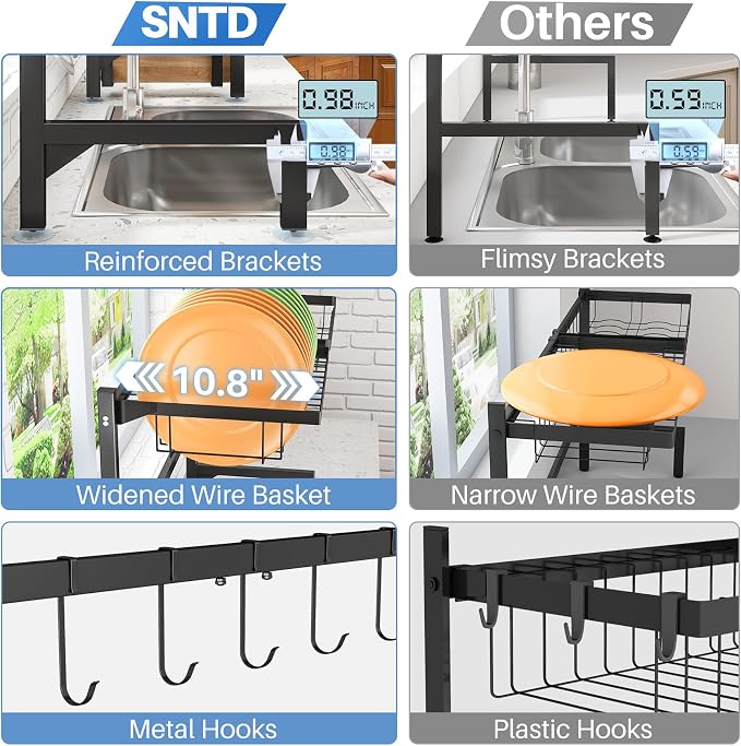 SNTD Over The Sink Large Dish Drying Rack, Metal, 26.8"-34.6", Black | Adjustable Length, Rust-Resistant, Utensil Holder, Cup Holder, Cutting Board Holder, Knife Holder, Sponge Holder and Hooks