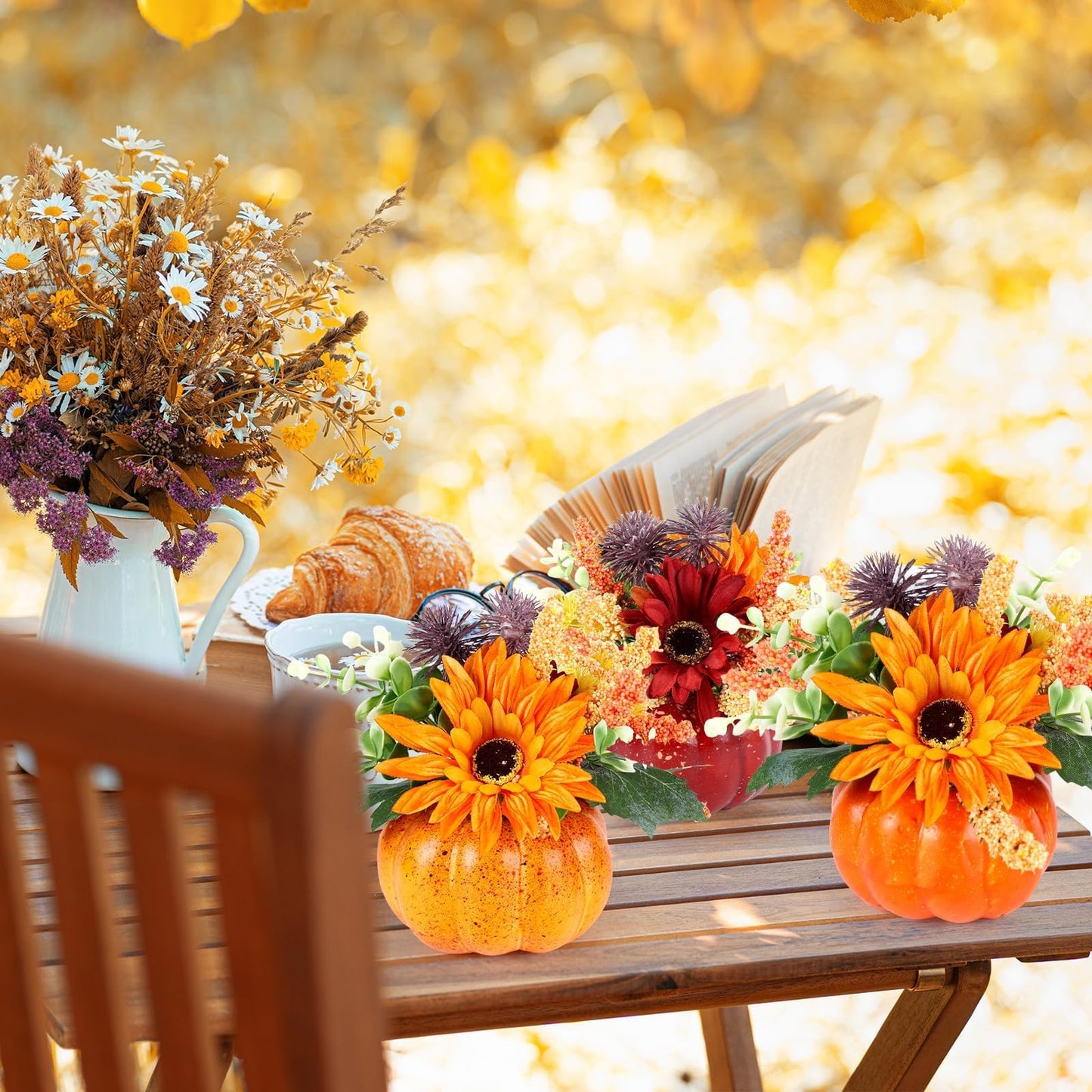 Set of 6 Mini Fall Pumpkin with Artificial Flower Decorations Thanksgiving Sunflower Centerpieces for Tables Harvest Fall Table Floral Decor Autumn Fireplace Mantle Living Room Home Kitchen Party