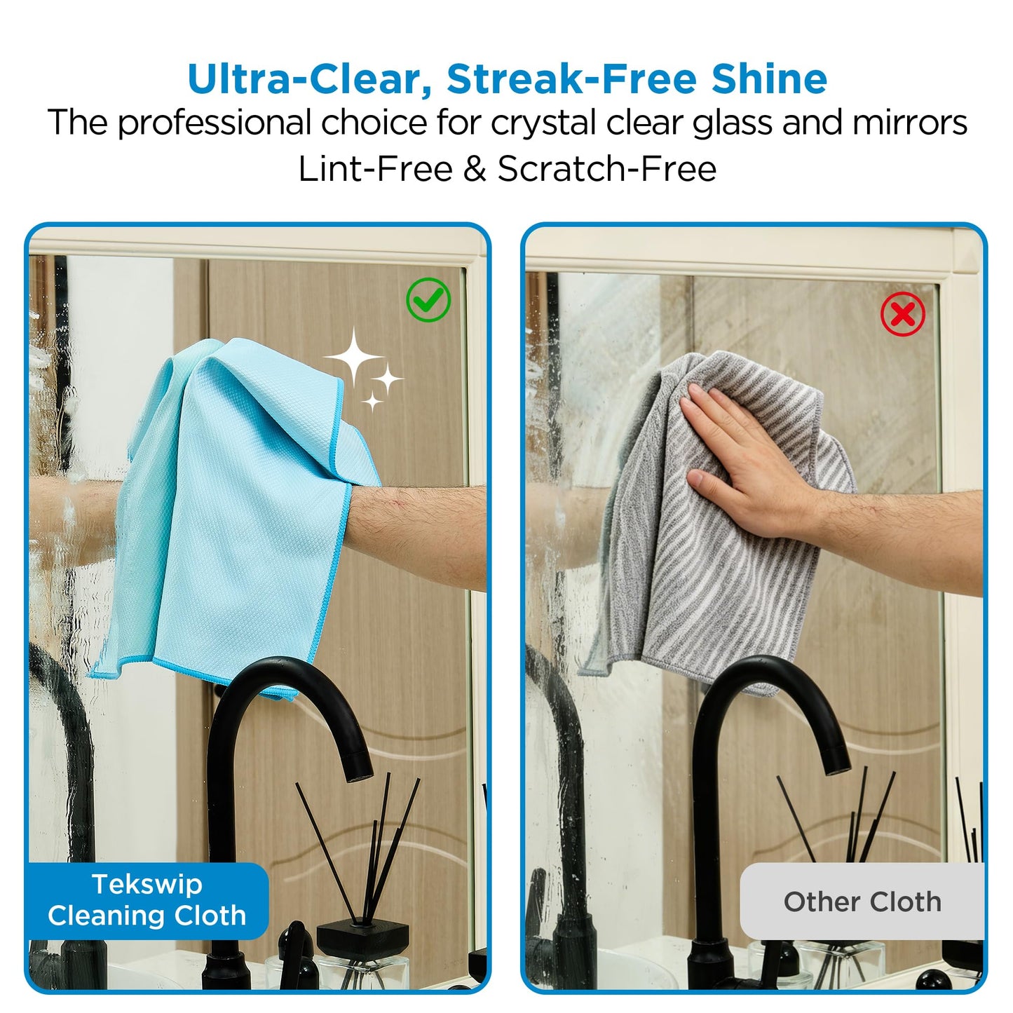 Tekswip Microfiber Glass Cleaning Cloth 6 Pack, 15.5x15.5 Inch Magic Cleaning Rags, Lint Free Streak Free Reusable Towels for Windows, Mirrors, Cars, Screens, Kitchen and Stainless Steel Surface
