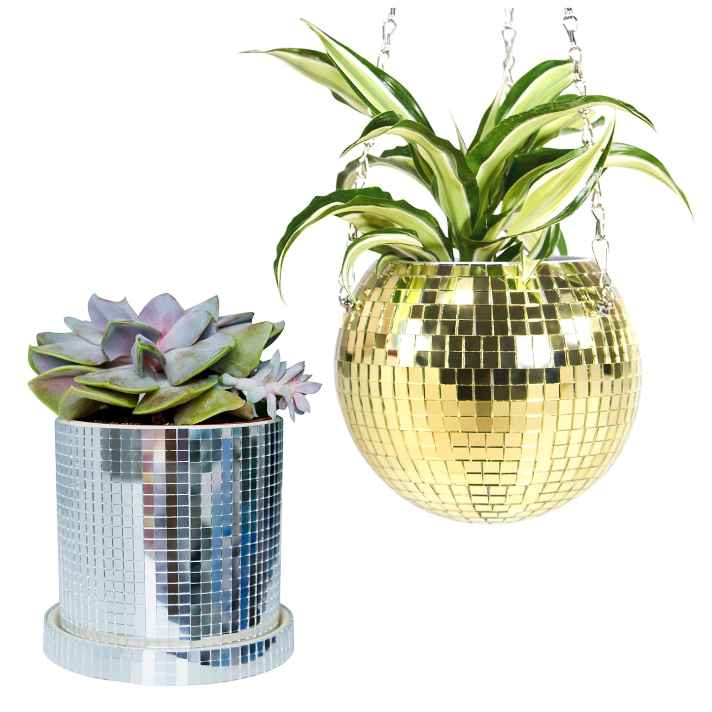 SCANDINORDICA Disco Ball Planter 6" Gold with Chain and Macrame Hanger and Disco Ball Planter Pot 4.3" with Saucer (0.2x0.2 mirror tiles)