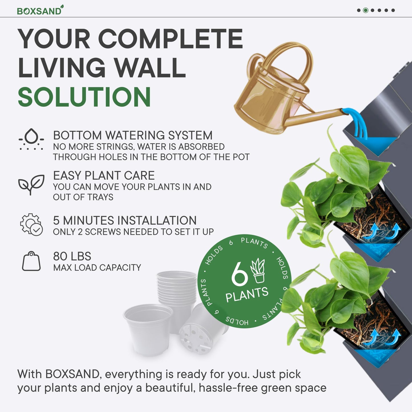BOXSAND-6 Vertical Wall Planter (12"x26", White with Black Pots) – Living Wall for 6 Plants, Indoor/Outdoor Vertical Garden System, Easy 2-Screw Install