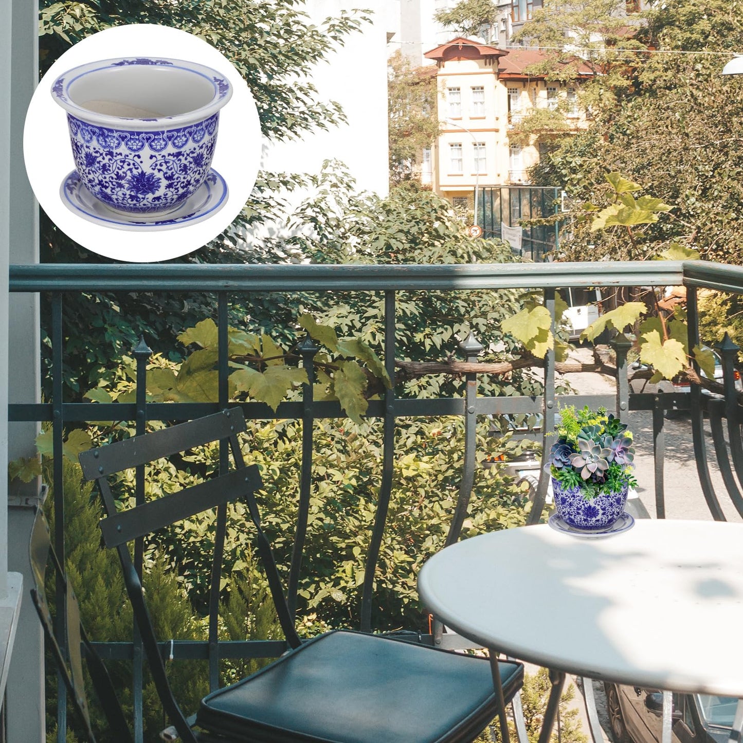 DOITOOL Blue and White Ceramic Planter Pot Chinese Ceramic Flower Pots Oriental Planter Decorative Succulent Plant Pot with Trays for Balcony Yard Home Decoration