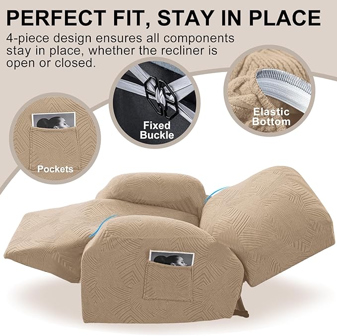 Recliner Chair Covers, 4-Piece Stretch Geometric Strokes Jacquard Reclining