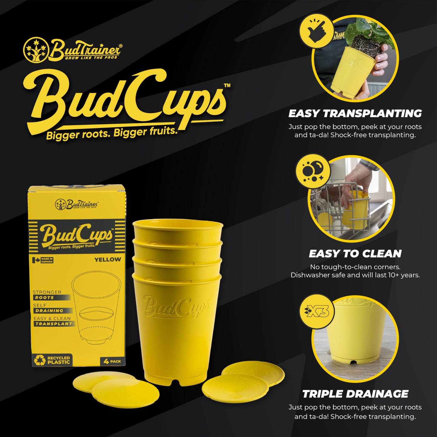 BudTrainer BudCups for Optimal Gardening | 16oz Nursery Pots | Removable Bottom Plate for Easy & Shock-Free Transplant | Triple Drainage for Water Control to Prevent Root Rot (Yellow, 5-Pack)