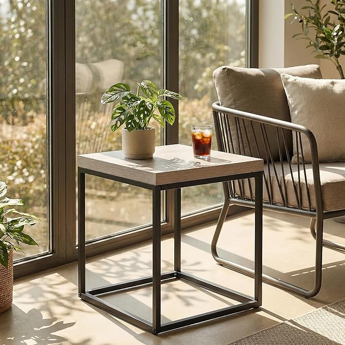 CENSI Modern Square End Table, Extra Thick 1.6" Wood Top & Metal Frame