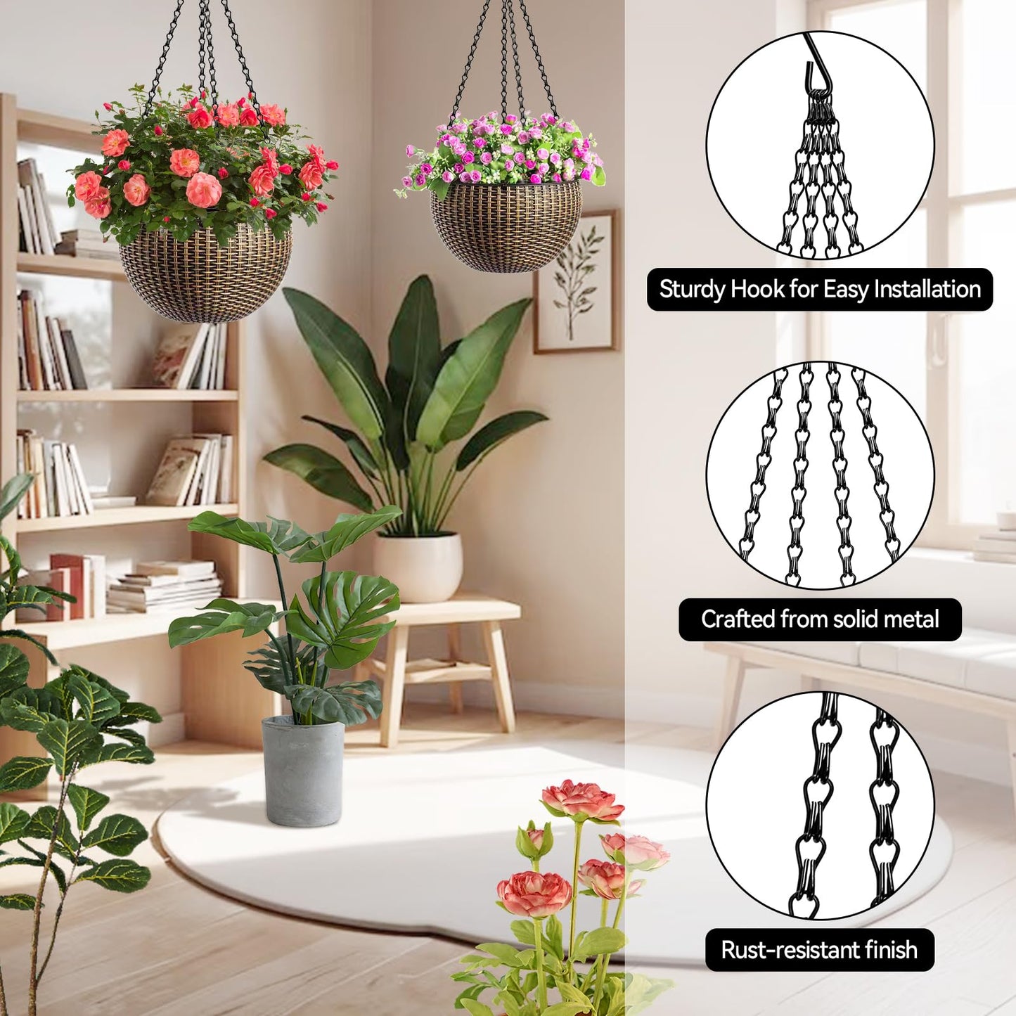 ZeeDix 4 Pack, 16 Inch Hanging Basket Chain with Hooks, Black Metal Planter Flower Pot Chain for Hanging Plants Outdoor, Adjustable Replacement Chain for Lanterns, Bird Feeders and Flowers