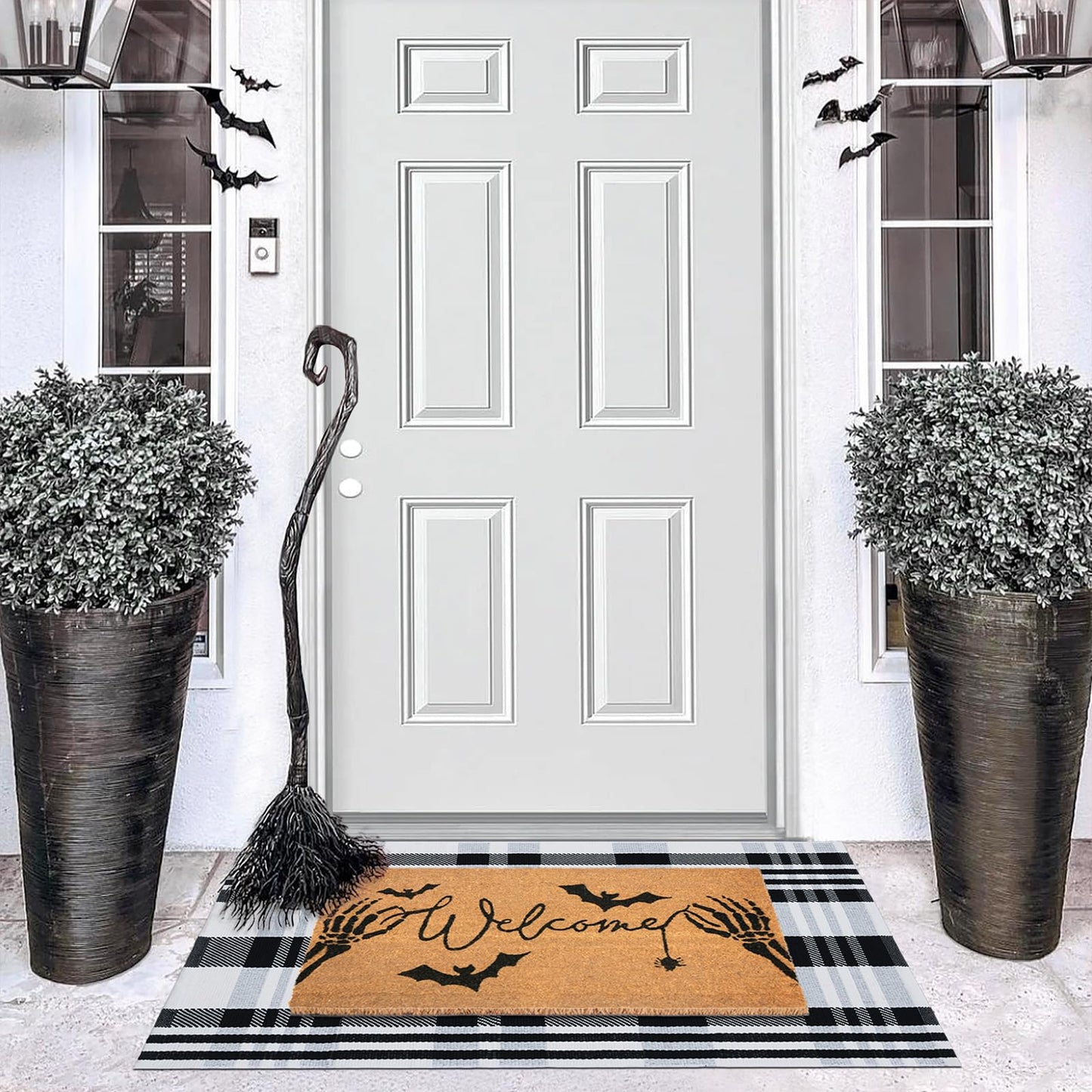 Fallovea Halloween Welcome Door Mat Combo Set, Skeletal Hand Coco Coir Doormat -28" x 43" Black and White Striped Rug, Autumn Front Porch Entryway Decor Floor Mat