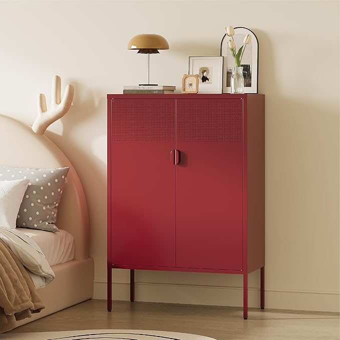 Metal Storage Cabinet, 2 Door TV Stand, Metal Mesh Accent Cabinet, Magnetic