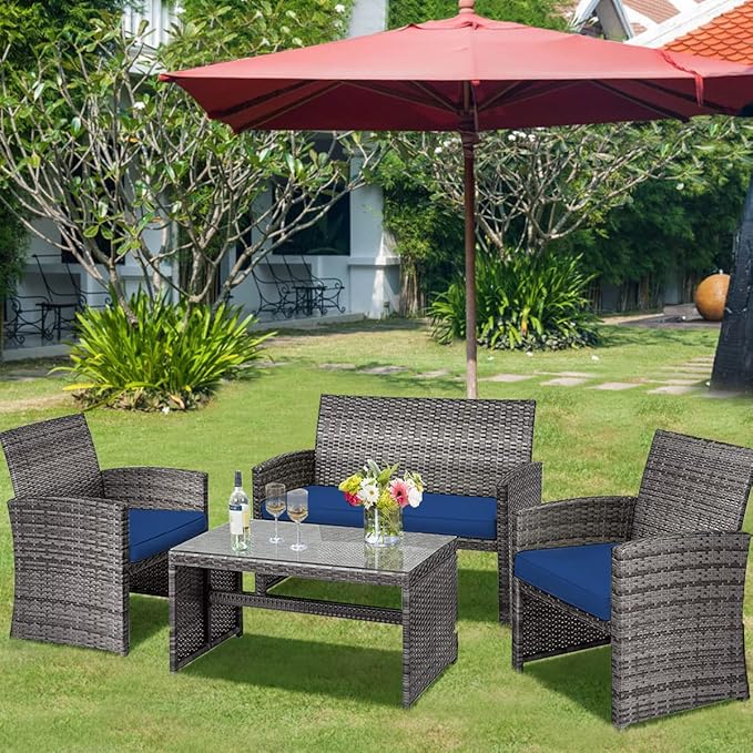Tangkula 4 PCS Wicker Patio Conversation Set, Outdoor Rattan Sofas