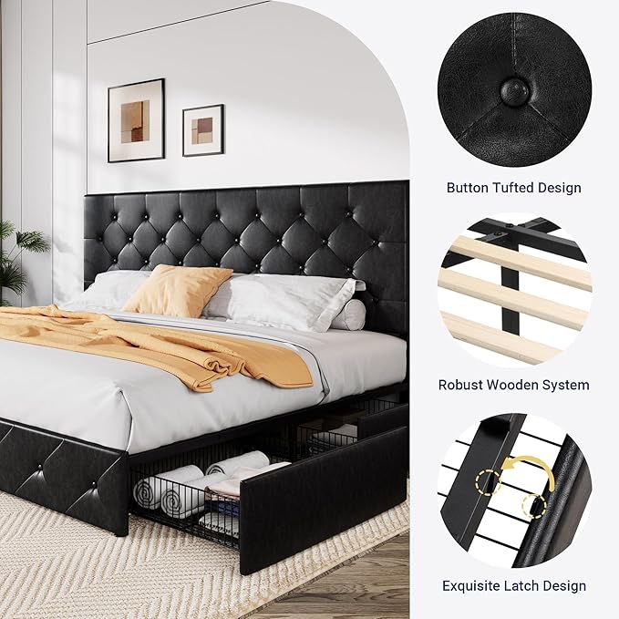 Allewie King Size Black Metal Faux Leather Platform Bed Frame