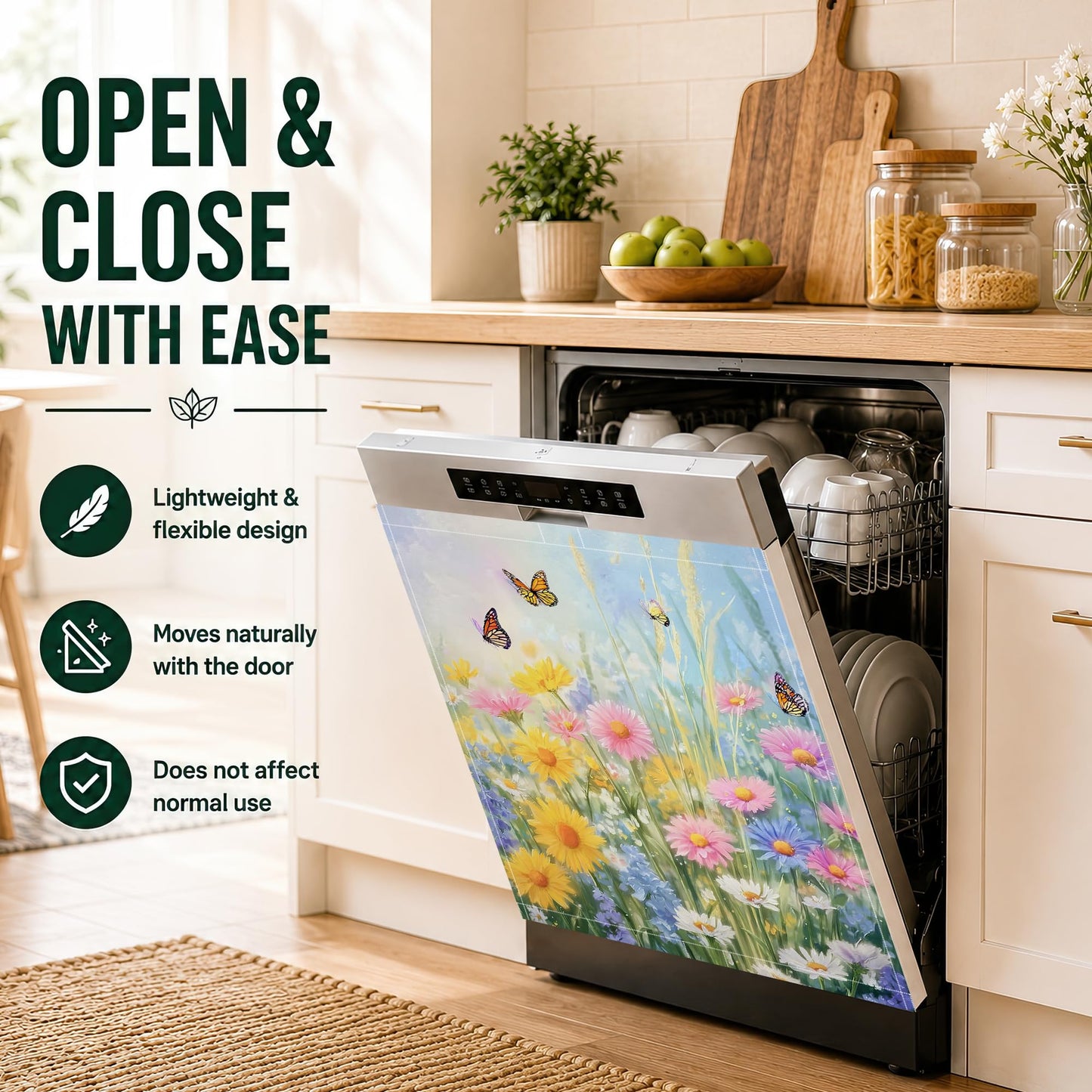 Butterfly Flowers Dishwasher Magnet Cover,Waterproof Appliance Door Cover for Holiday Kitchen Decor,Housewarming Gifts, Refrigerator Magnet Decal Panels 23"x26"