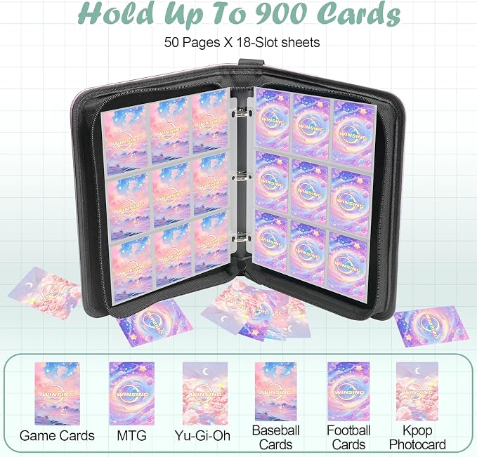 Card Binder 9 Pocket, 900 Pockets Card Holder Compatible with Game Cards Gift for Girls, Trading Card Binder Album Case Book Storage For Photocards, Large,Pink