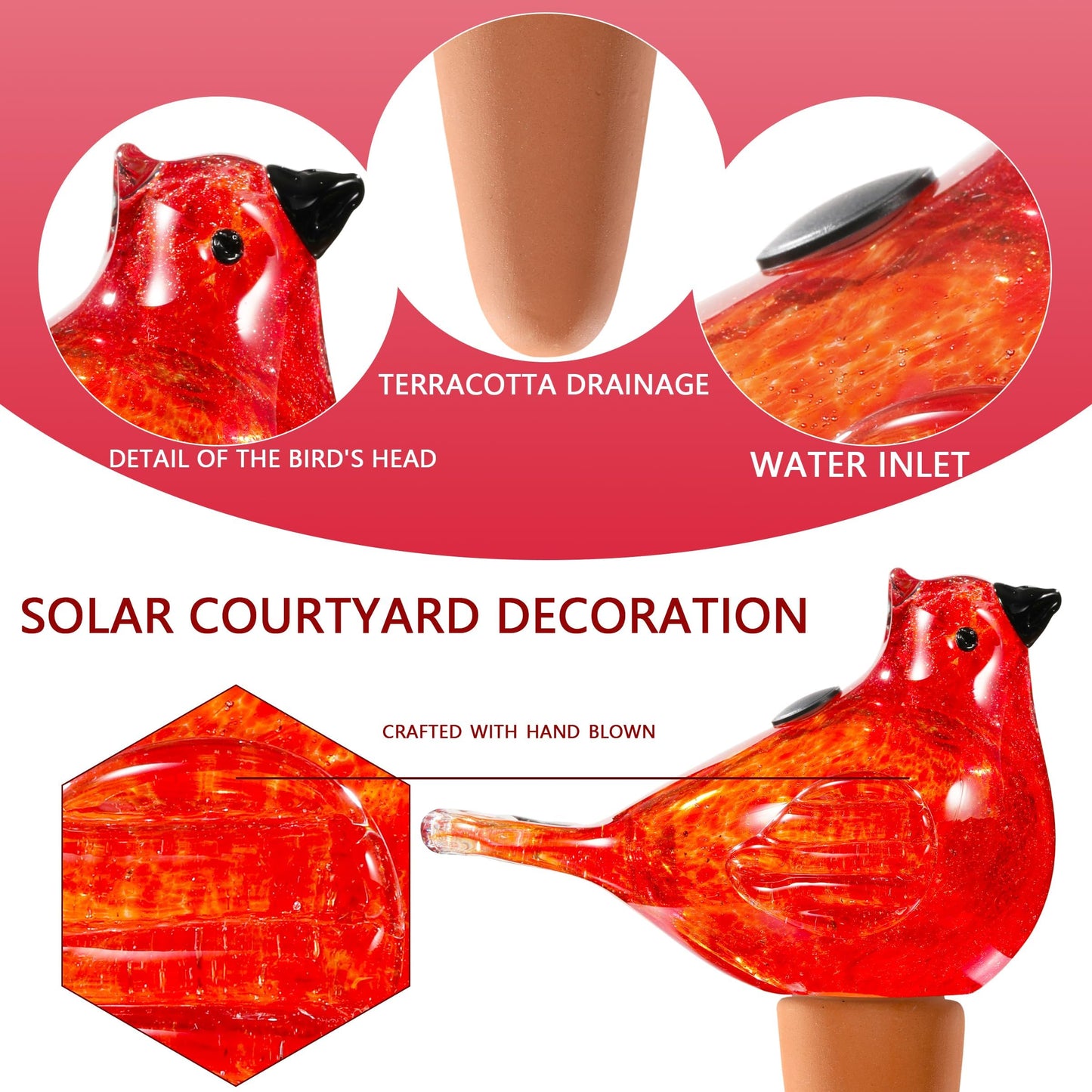 Plant Watering Globes, Bird Glass Self Watering Planter Insert - for Indoor & Outdoor Plants - Glass Plant Water Globes for Daily Use, Planter Spikes to Support Indoor & Outdoor Plant Health, Red