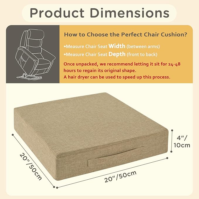 Recliner Cushions for Elderly 20x20x4 Inch Thick Large Recliner Seat Cushion with a Handle Square Non Slip Chair Pads with Washable Cover for Couch Armchair Chairs Beige