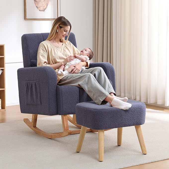 HCHAIRH Rocking Chair with Ottoman, Upholstered Glider Rocker with High