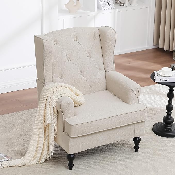 Accent Chair Set of 2, Mid Century Modern Fabric Wingback Chair, Upholstered