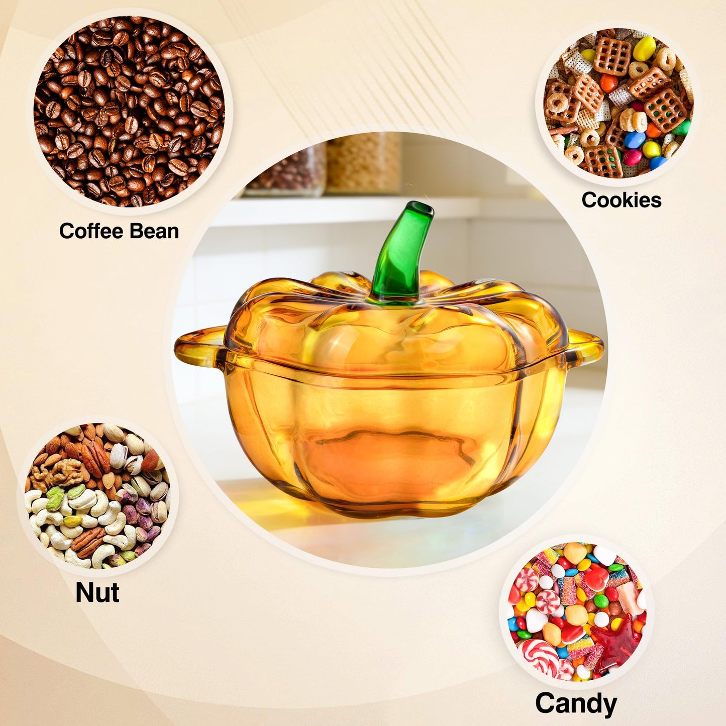QIANCHANG Glass Pumpkin Bowl with Lid, Food Storage Jar for Candy Cookies Biscuit, Thanksgiving Fall Decorative Bowl for Pumpkin Puree, Wet Food & Pet Treats