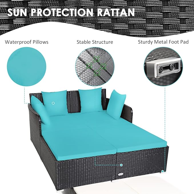 COSTWAY Outdoor Patio Rattan Daybed, Sponge Cushioned Loveseat Sofa