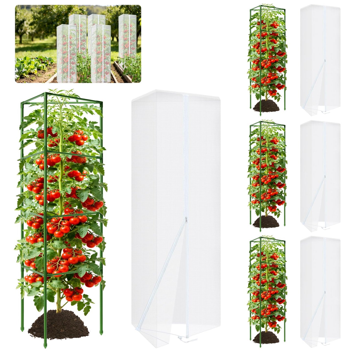 ZeeDix Tomato Cages with Bird Netting Set - 4 Pack 57 Inches Heavy Duty Tomato Cages + 4 Pack 61 Inches Garden Mesh Barrier for Tomatoes Climbing Vegetables Flowers