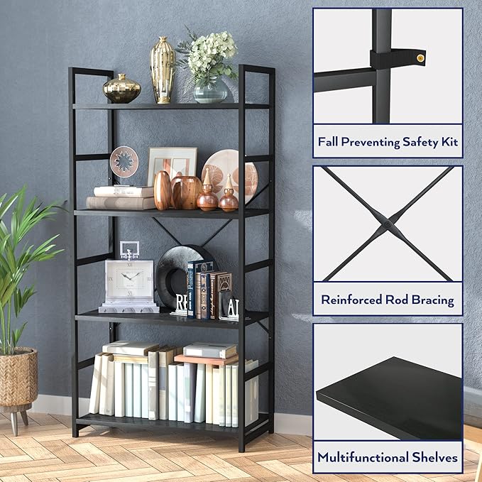 NUMENN 4 Tier Bookshelf, Tall Bookcase Shelf Storage Organizer, Modern Book