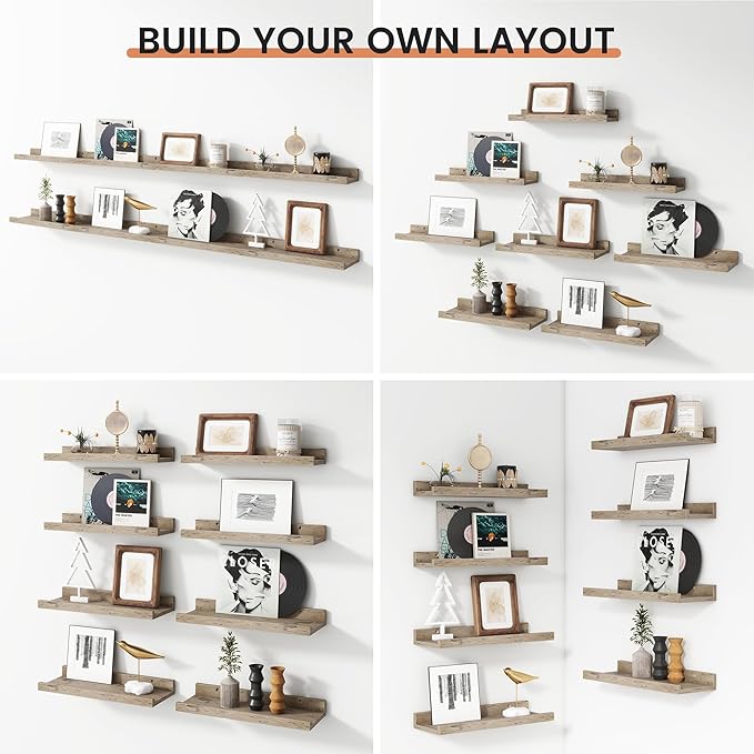 Floating Picture Ledge Shelves for Wall Set of 8, 16 Inch Wall Shelves