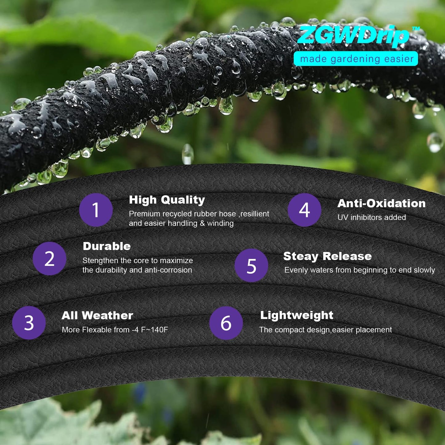 ZGWDrip 150FT 1/2" Water-Saving Soaker Hose with Solid Brass Connectors, Drip Irrigation Kit for Lawn & Landscaping with Metal Ground Stake & Accessory Kit