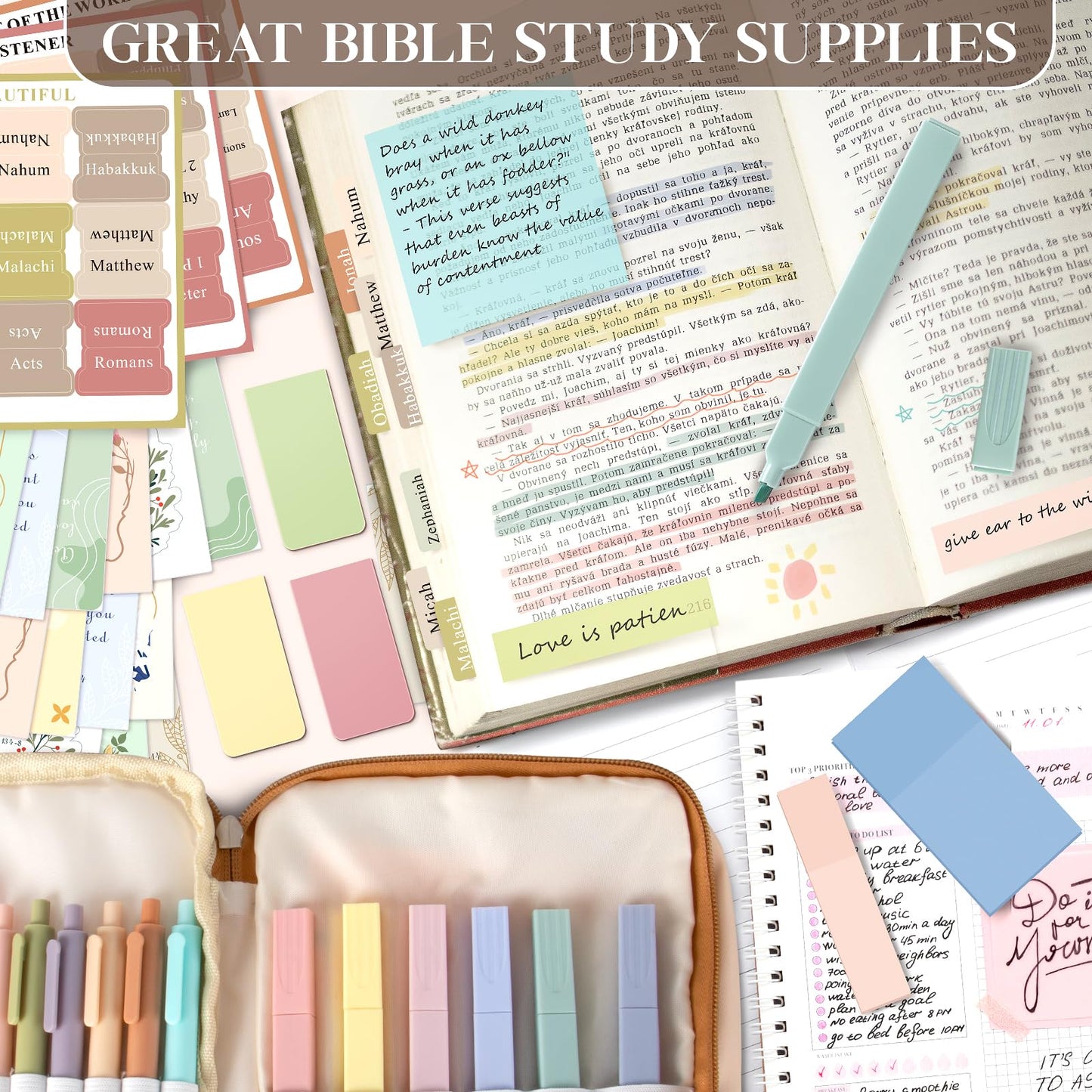Bible Study Supplies, Bible Journaling Kit with No Bleed Bibles Highlighters, Pens, Storage Bag, Sticky Notes, Tabs, Ideal Christian Bible Gifts for Women, Accessories Kits for Bible Study Group