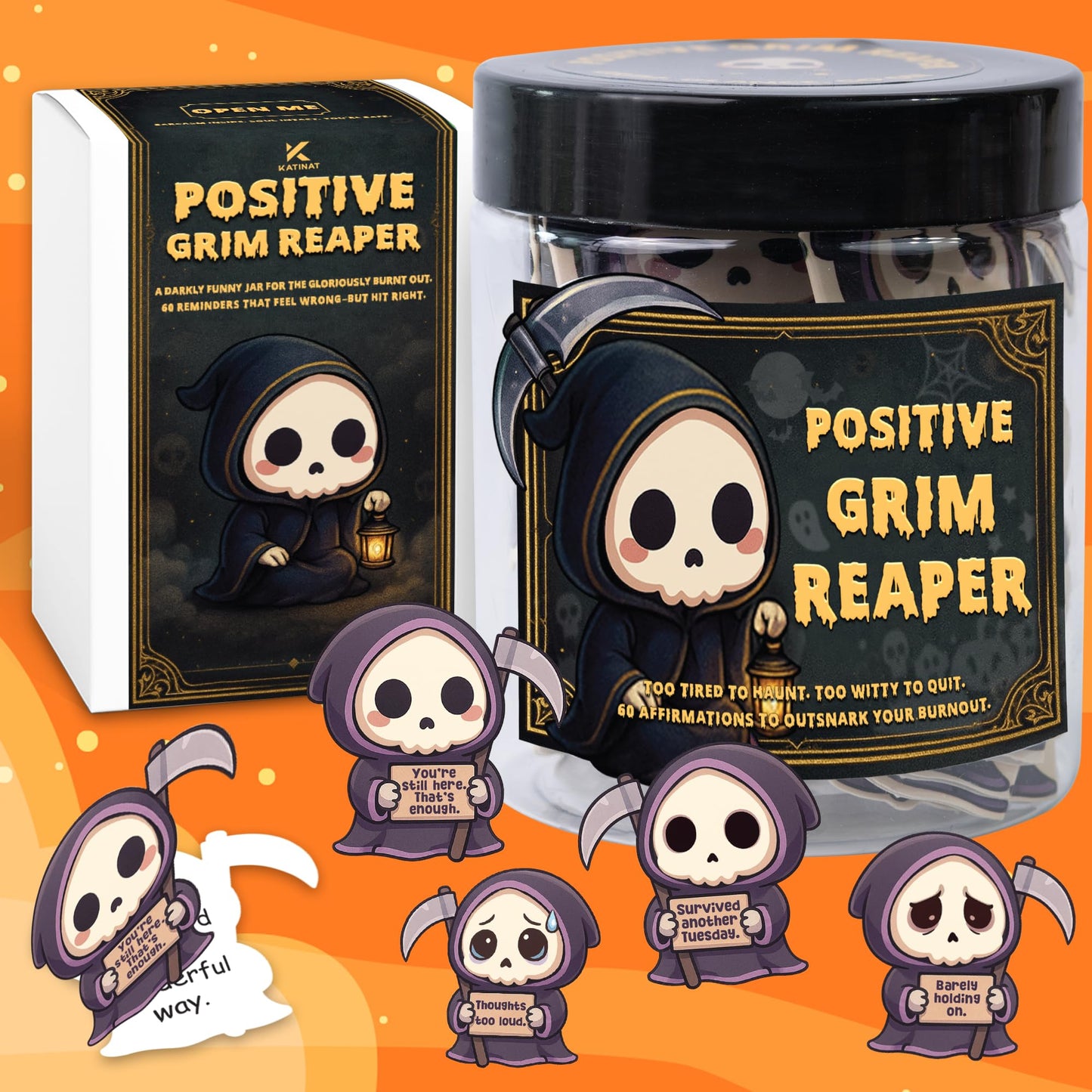Emotional Support Grim Reaper – Positive Grim Reaper Jar, Dark Humor Spooky Gifts, Halloween Basket Stuffers, Funny Halloween Gifts for Women Men Teens Coworkers, Boo Basket Stuffers, Summerween Decor