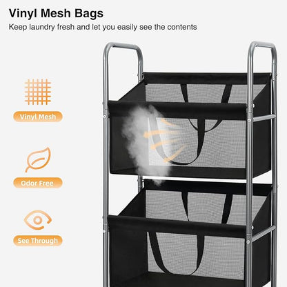 STO STO 3-Tier Vertical Laundry Hamper with Wheels, 120L Rolling Laundry Sorter with 3 Removable Breathable Mesh Bags, Rust-Resistant Steel Frame for Small Spaces, Apartment, Dorm, Black Mesh