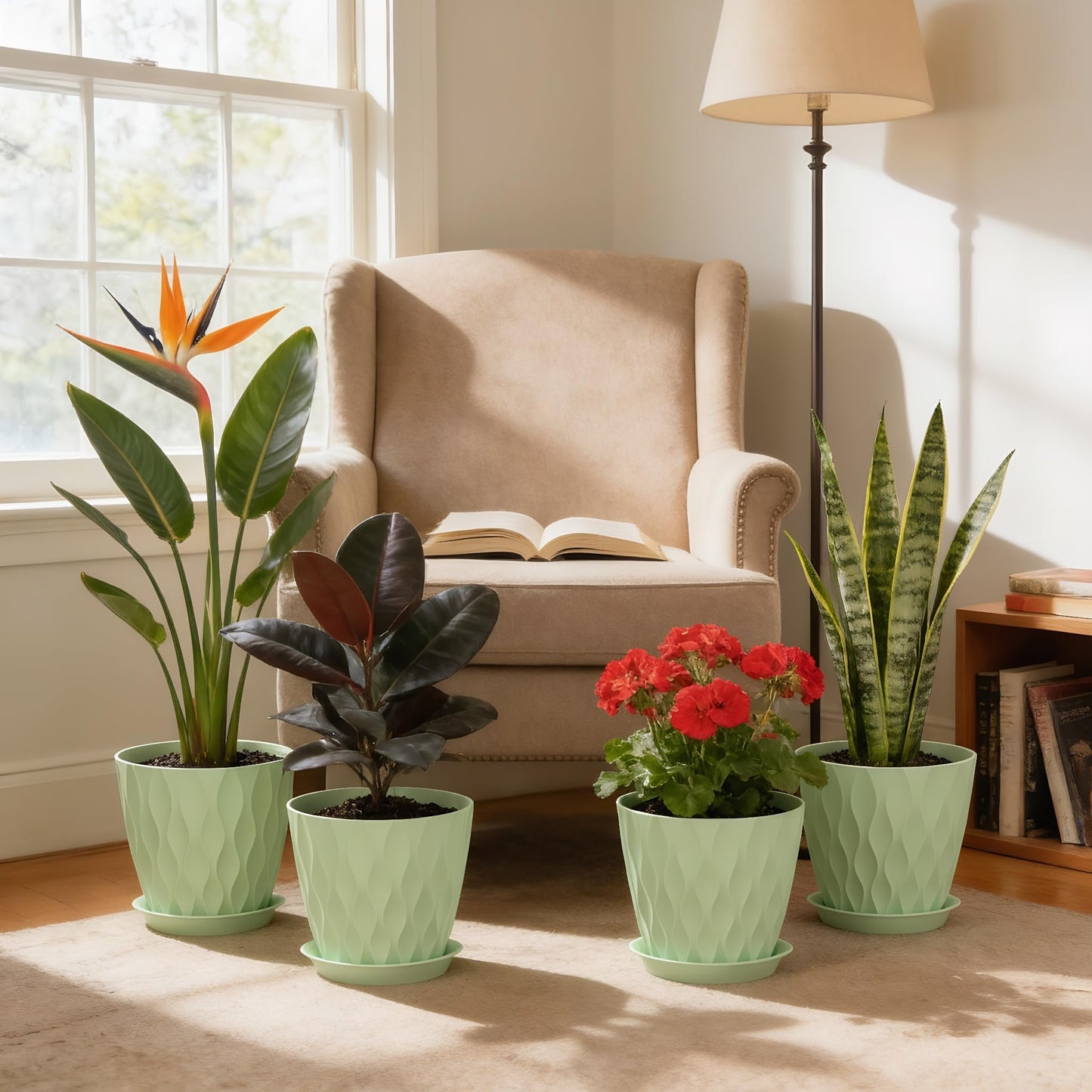 UOUZ 8 Inch Plant Pots, 4 Pack Plastic Planters for Indoor Outdoor with Drainage Holes & Saucers, Waffle Texture Flower Pots for Indoor Plants, Indoor Plant Pots for Monstera, Fiddle Leaf Fig, Green