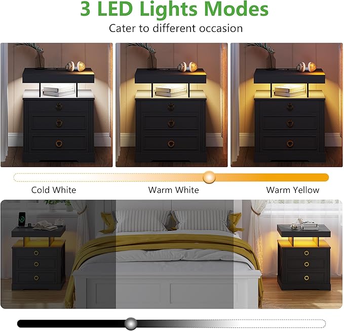 HNEBC Nightstand with Gun Drawers, LED Farmhouse Night Stand with Charging