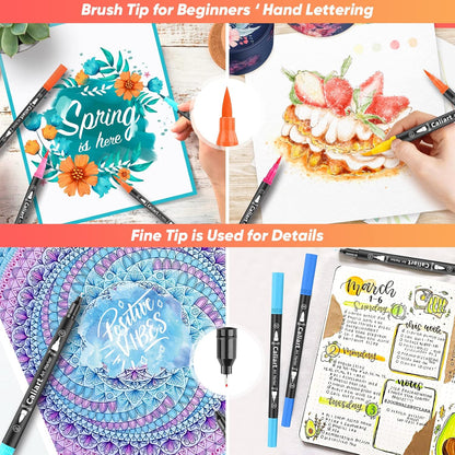 Caliart 72 Colors Dual Tip Art Markers for Adult Coloring - Aesthetic Cute Preppy Stuff School Supplies, Pens With Fine and Brush Tips for Lettering Cards Drawing Kids Artist Mothers Day Gift for Mom