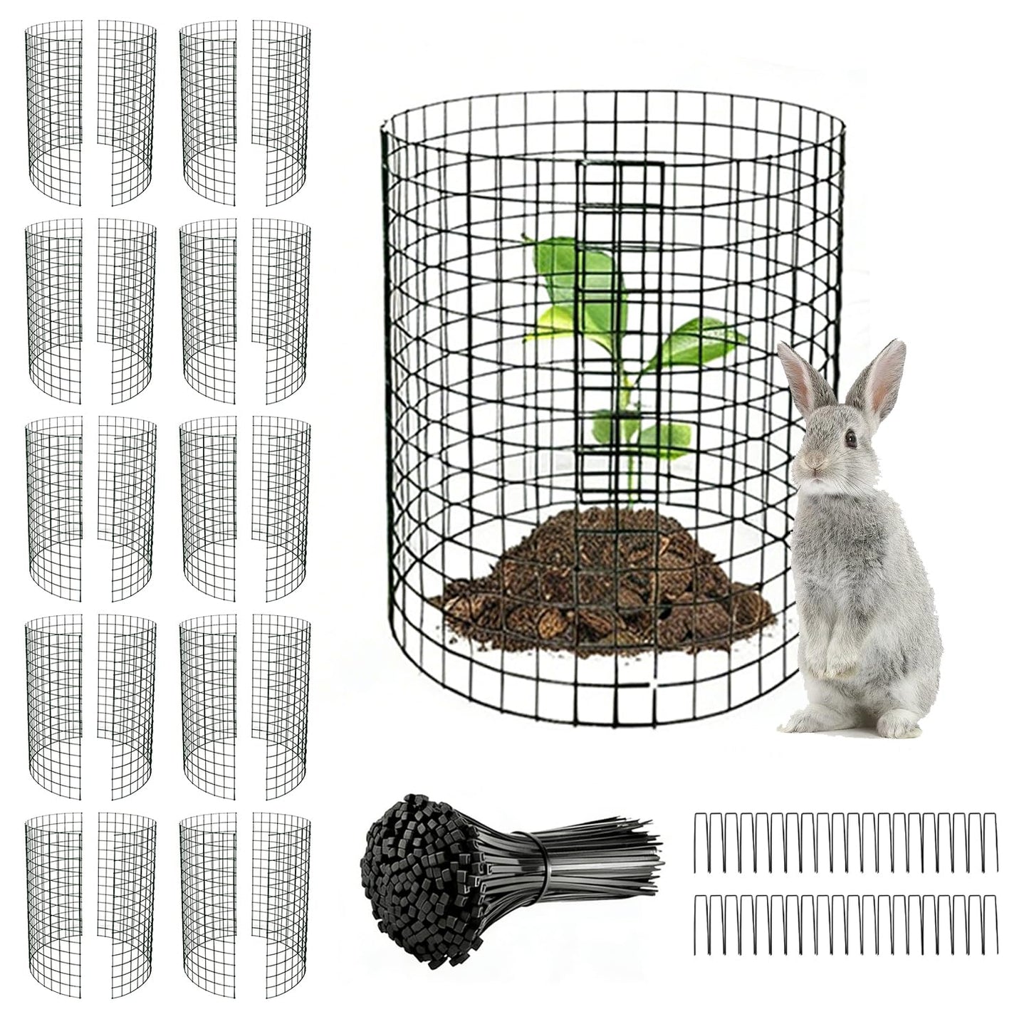 Hyuetrsa 12 Pack Plant Protectors from Animals, 14'' Dia x 14'' H Wire Plant Protector Cage,24 Pcs Pre-Bent Metal Mesh Plant Cages to Keep Rabbits, Squirrels and Chicken Out with Zip Ties & Stakes