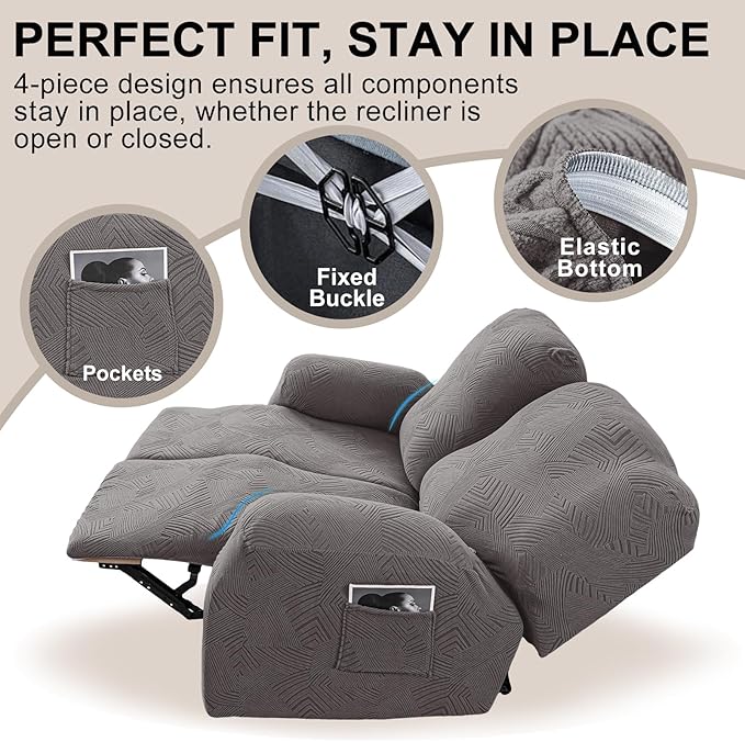 Recliner Loveseat Covers, 4-Piece Stretch Geometric Strokes Jacquard Reclining