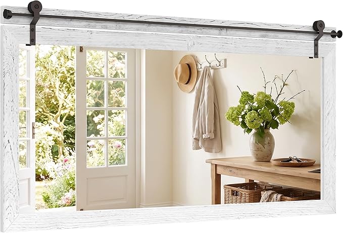 27"x49" Large Whitewashed Barn Door Wall Mirror, Horizontal Solid Wood Framed