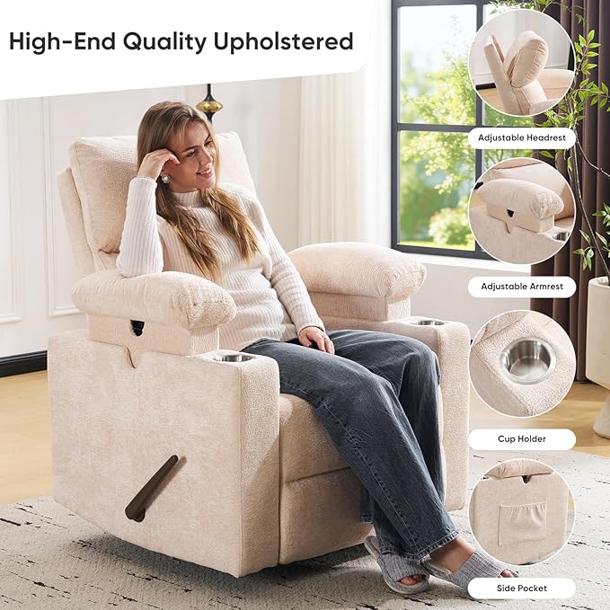 Swivel Rocker Recliner with Adjustable Armrests, Rocking Nursery Chair with