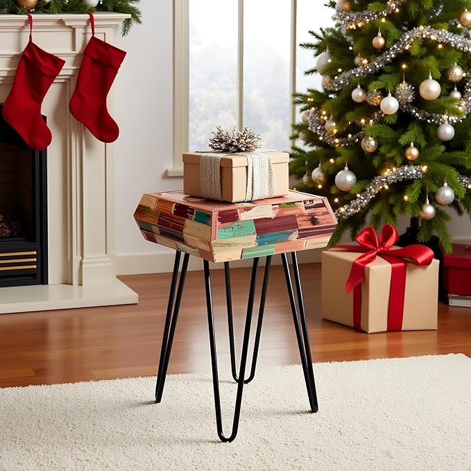 Multicolor Square Wood Drum Side Table 14" x 14" x 20" H Reclaimed Wooden