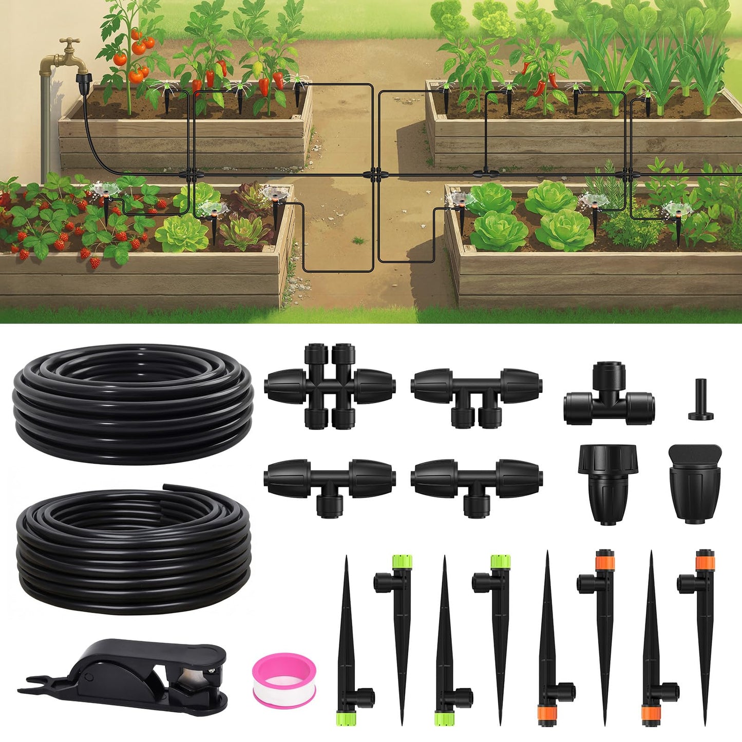 RAINPOINT Drip Irrigation System, Quick-Connect Garden Watering System Kit with Adjustable Emitters for Greenhouse, Garden Grid, Raised Bed, Potted Plants (15 ft Main Tubing + 25 ft Irrigation Tubing)