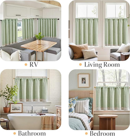 jinchan Double Layer Striped Linen Kitchen Tier Curtain Rustic Cafe for Living Room Bathroom Half Window Curtain Light Filtering Rod Pocket 1 Panel 36 Inch Sage Green