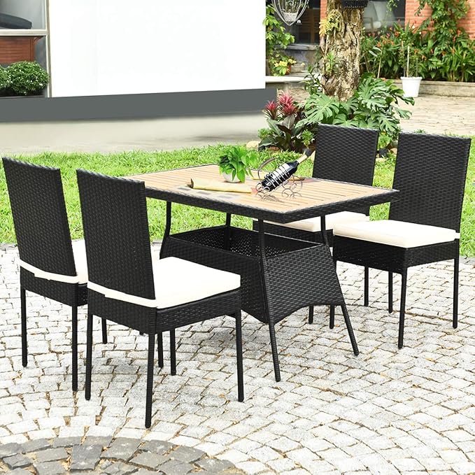 Tangkula 5 Piece Wicker Patio Dining Set, Outdoor Rattan Table & Chairs Set