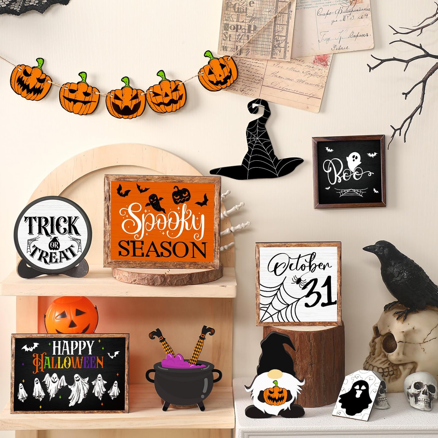 14 Pcs Halloween Tiered Tray Decor Set Cute Halloween Wooden Signs Rustic Pumpkin Farmhouse Gnomes Boo Wizard Trick or Treat Blocks Table Sign for Party Favors