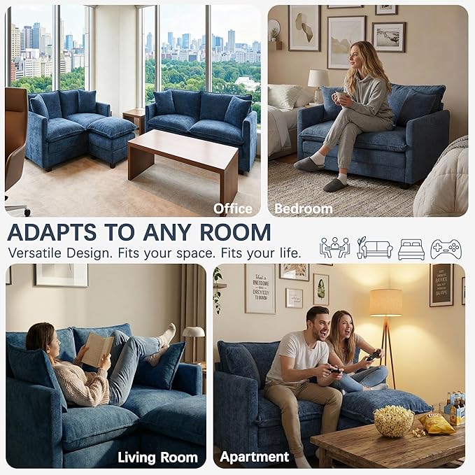 Loveseat Sofa with Ottoman, Comfy Chenille Small Couch